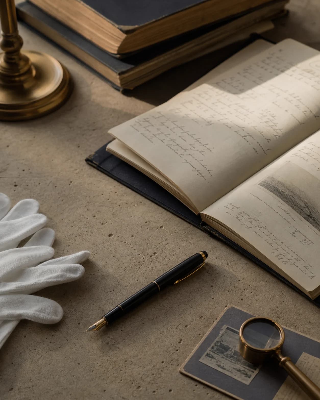 Fountain pen on a research desk with notebook, conservation gloves and magnifying glass