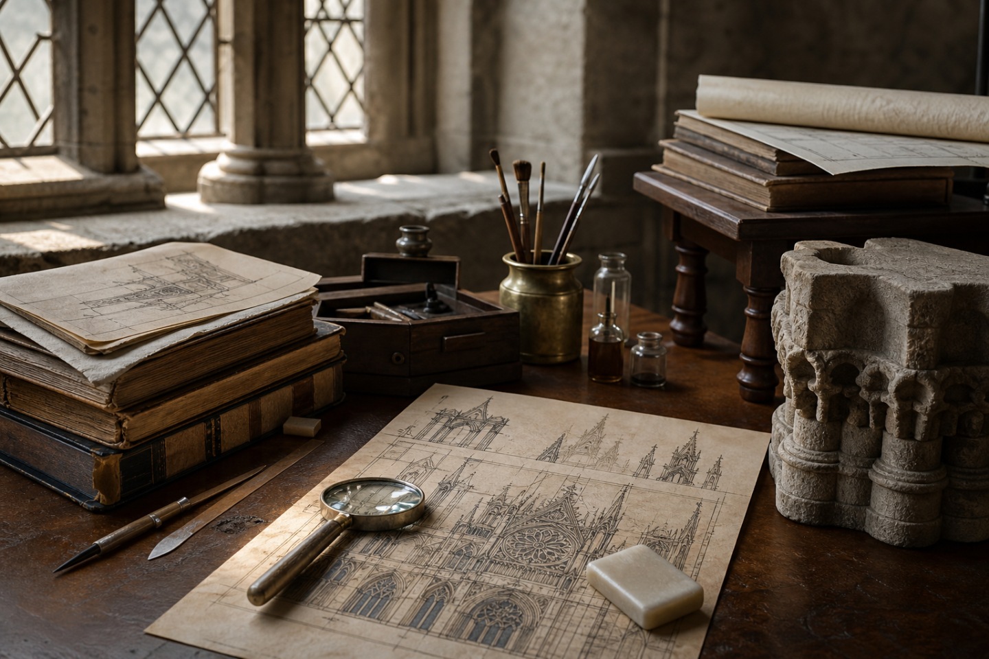 Pesquisa e conservação — imagem editorial exclusiva relacionada a Writers Edition Victor Hugo: arquitetura gótica em uma caneta