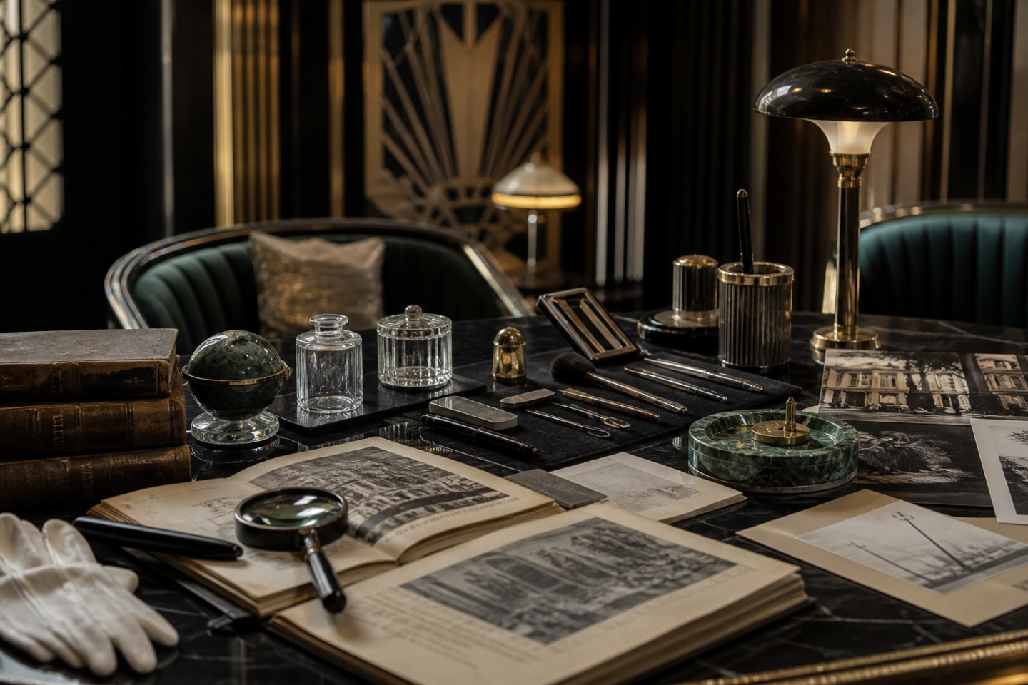Pesquisa e conservação — imagem editorial exclusiva relacionada a Great Characters The Great Gatsby: Art Déco e cultura literária