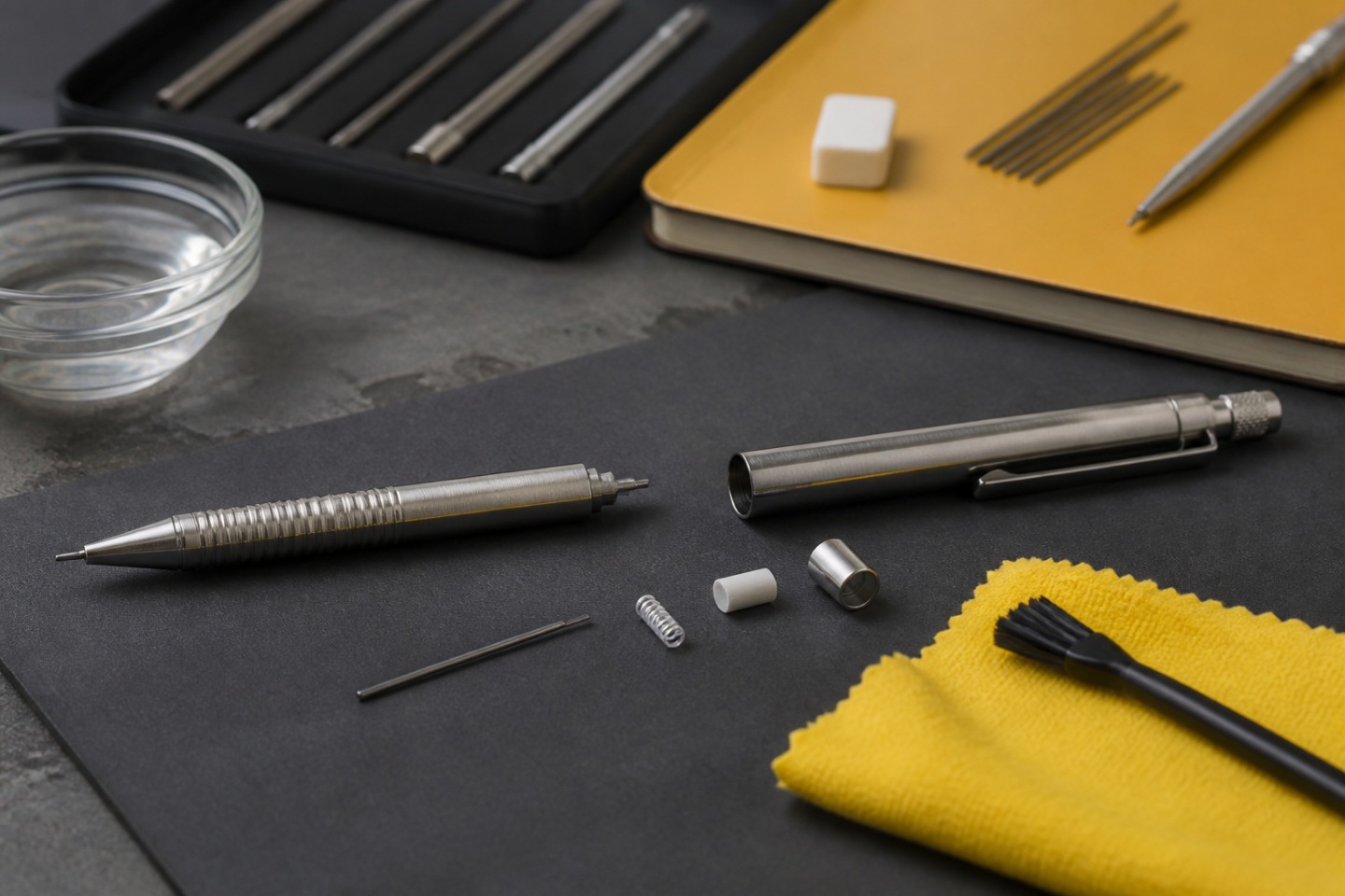 Manutenção simples — imagem editorial exclusiva relacionada a Lapiseiras Montblanc: mecanismos, grafites e cuidados