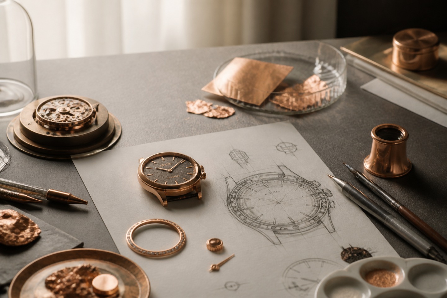 Contexto e design — imagem editorial exclusiva relacionada a Meisterstück 90th Anniversary: detalhes em ouro rosé e desenho comemorativo