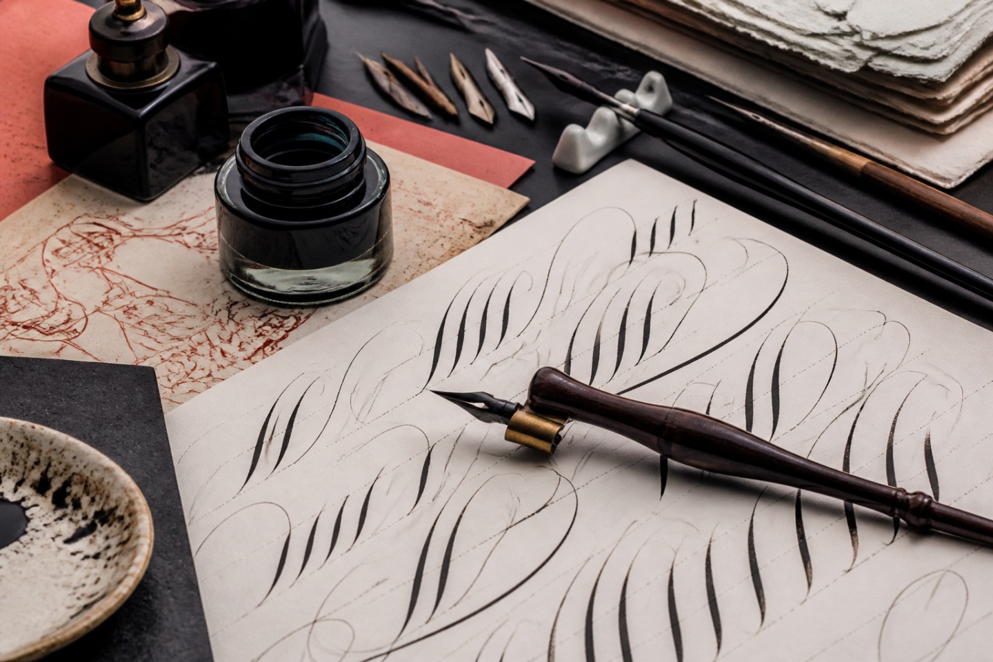 Contexto e design — imagem editorial exclusiva relacionada a Penas Calligraphy Montblanc: flexíveis, curvas e itálicas