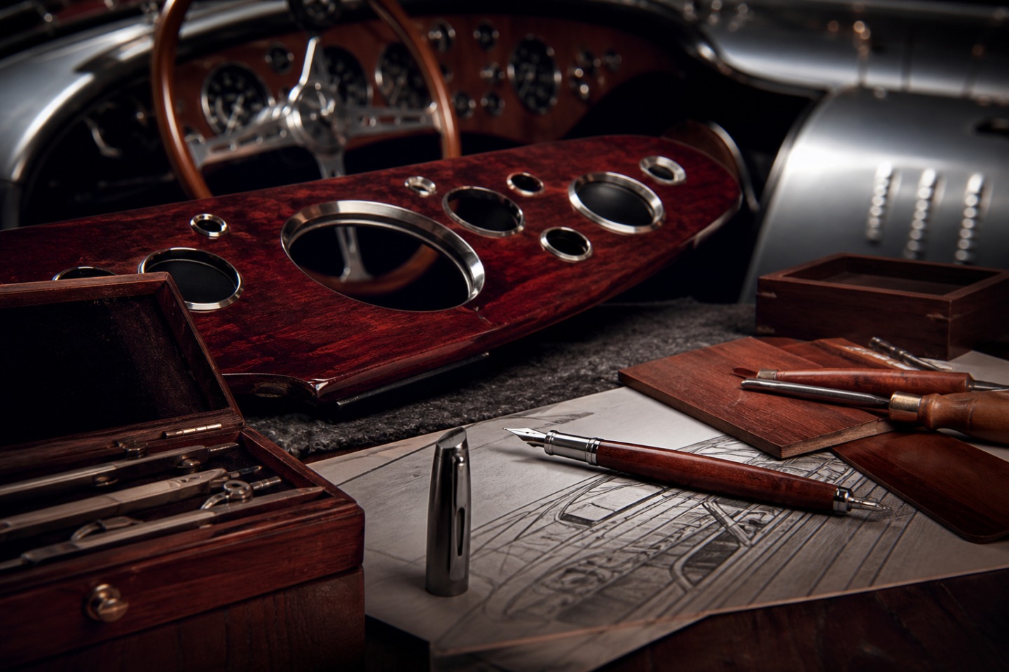 Contexto e design — imagem editorial exclusiva relacionada a Ferrari Classica e Montblanc: madeira, automobilismo e escrita