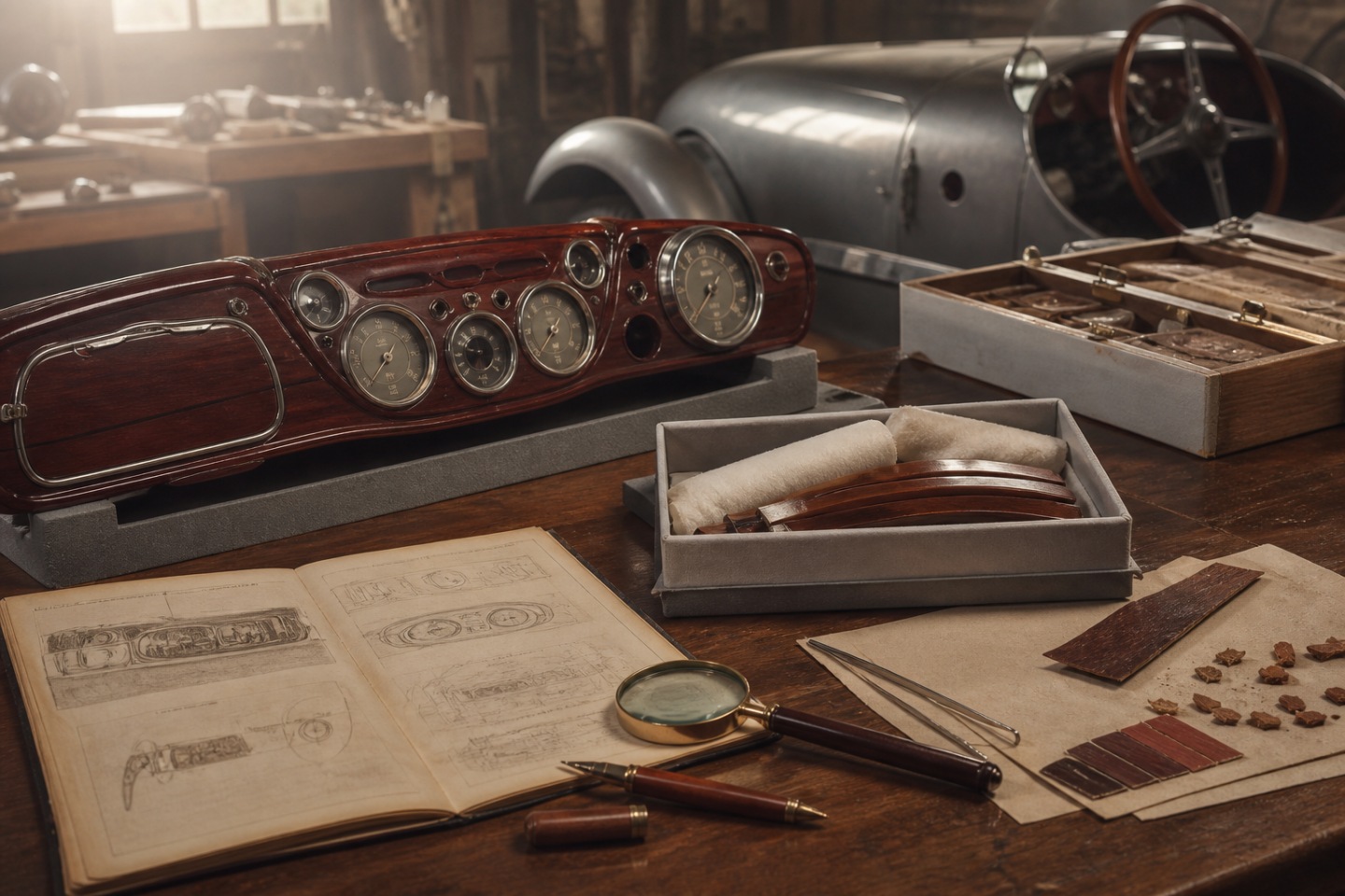 Pesquisa e conservação — imagem editorial exclusiva relacionada a Ferrari Classica e Montblanc: madeira, automobilismo e escrita