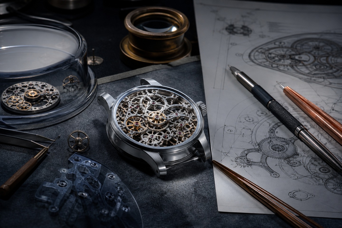 Contexto e design — imagem editorial exclusiva relacionada a Canetas skeleton Montblanc: estrutura, transparência e alta complexidade