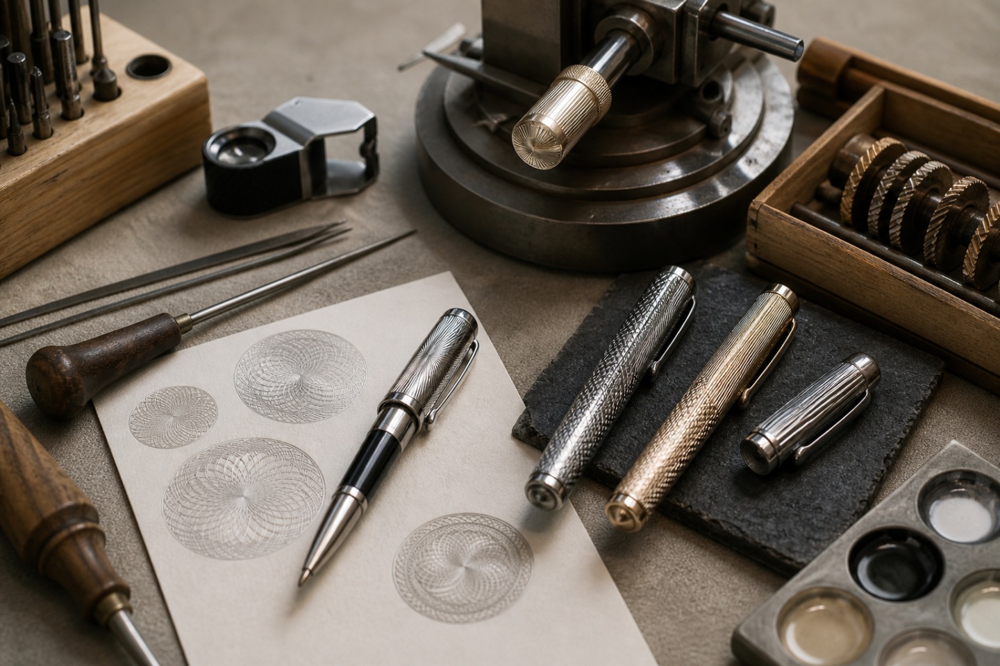 Contexto e design — imagem editorial exclusiva relacionada a Montblanc Solitaire: metais, lacas e guilloché além da resina clássica