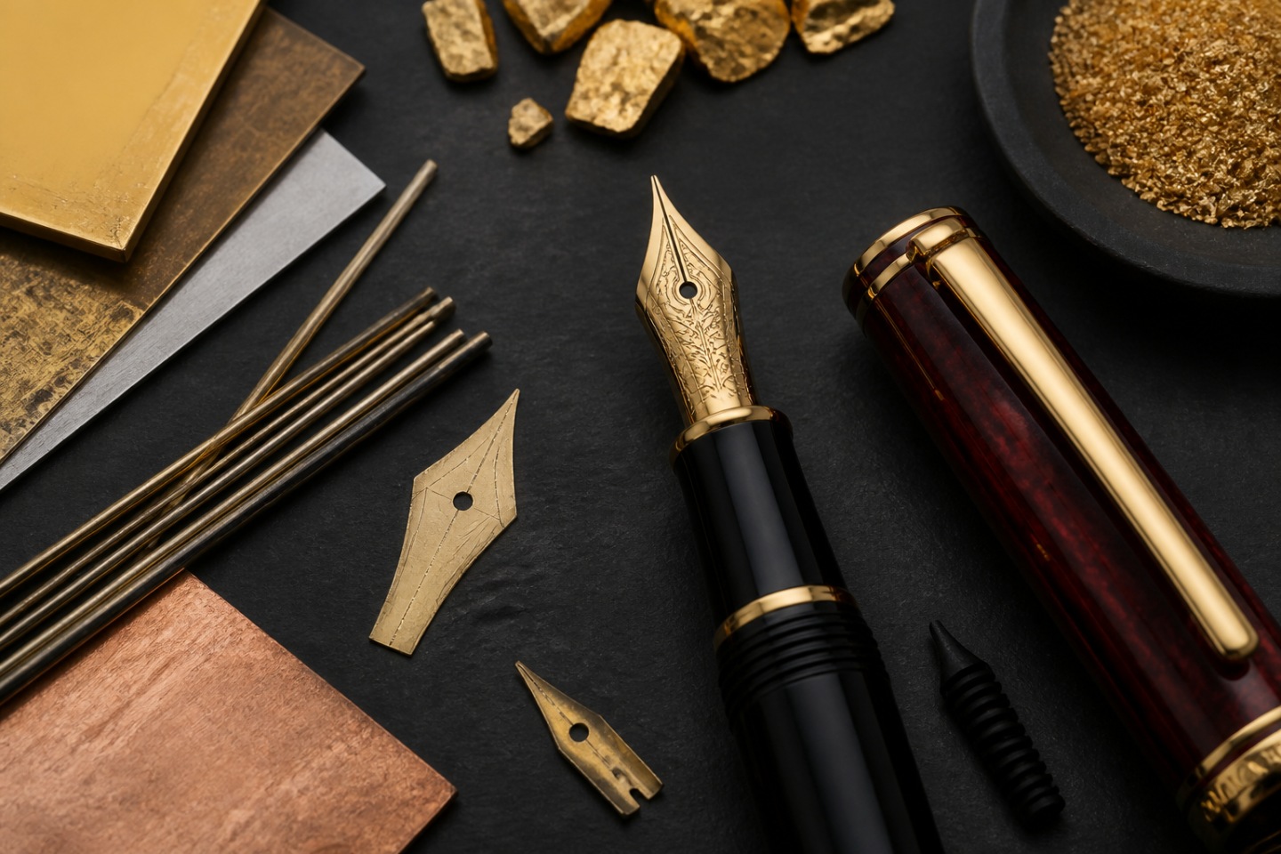 Material e construção — imagem editorial exclusiva relacionada a Penas de ouro Montblanc: ligas, gravações e comportamento