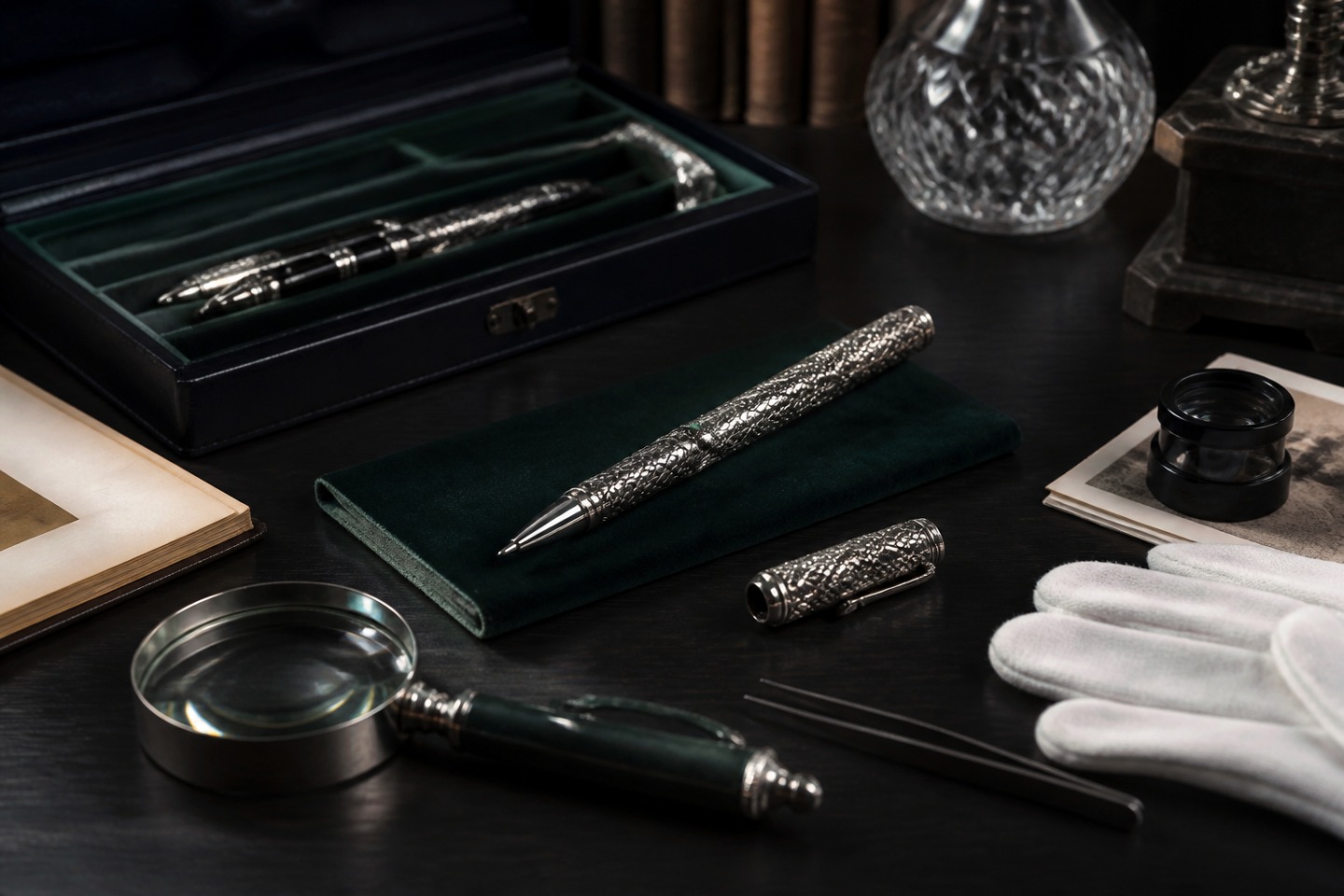 Inspeção e procedência — imagem editorial exclusiva relacionada a Writers Edition Agatha Christie: mistério, prata e serpente