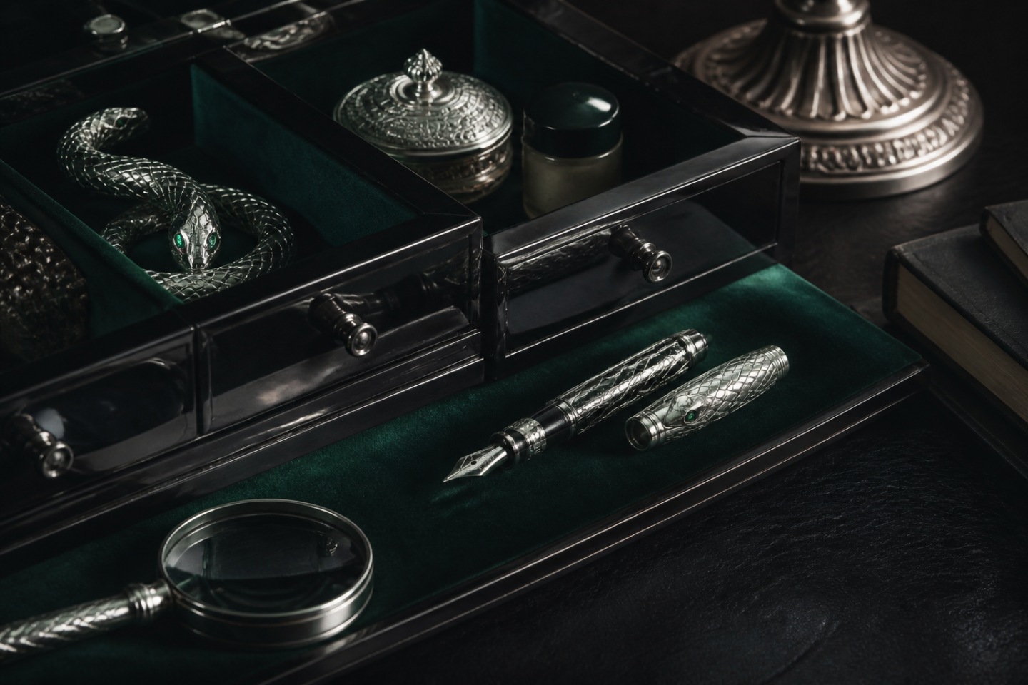 Design e literatura — imagem editorial exclusiva relacionada a Writers Edition Agatha Christie: mistério, prata e serpente
