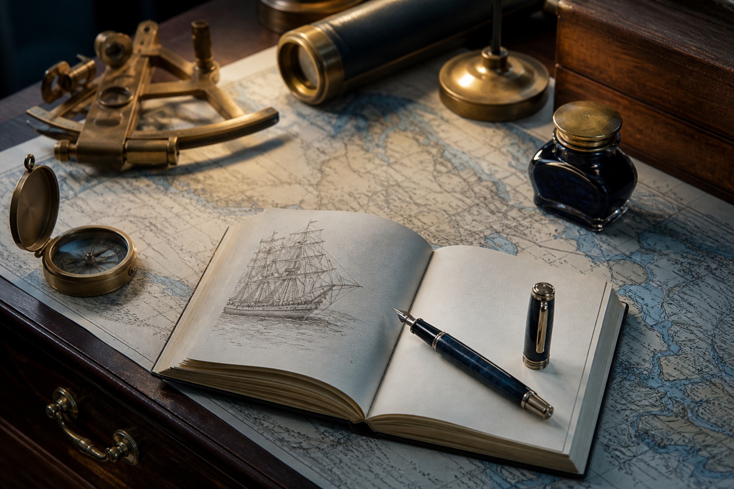 Contexto da coleção — imagem editorial exclusiva relacionada a Writers Edition Robert Louis Stevenson: aventura e mar em uma caneta